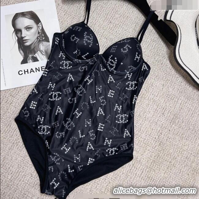 Inexpensive Chanel Crystal Logo Swimwear 0214 Black 2023