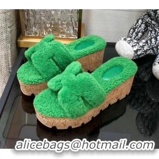 Sumptuous Hermes Teddy Fur Platform Slide Sandals Green 101042