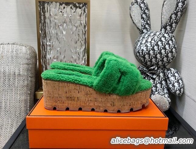 Sumptuous Hermes Teddy Fur Platform Slide Sandals Green 101042