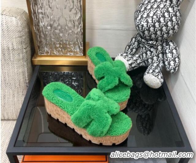 Sumptuous Hermes Teddy Fur Platform Slide Sandals Green 101042