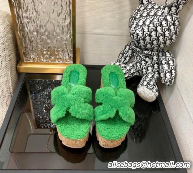 Sumptuous Hermes Teddy Fur Platform Slide Sandals Green 101042