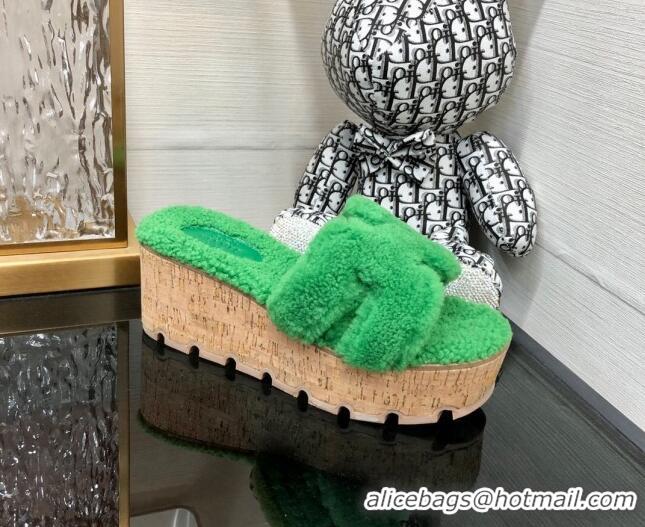 Sumptuous Hermes Teddy Fur Platform Slide Sandals Green 101042