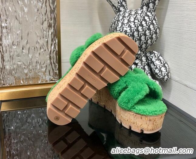 Sumptuous Hermes Teddy Fur Platform Slide Sandals Green 101042