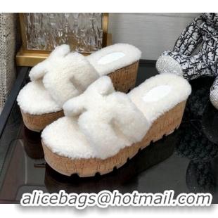 Good Quality Hermes Teddy Fur Platform Slide Sandals White 101043