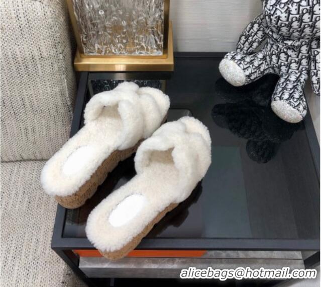 Good Quality Hermes Teddy Fur Platform Slide Sandals White 101043