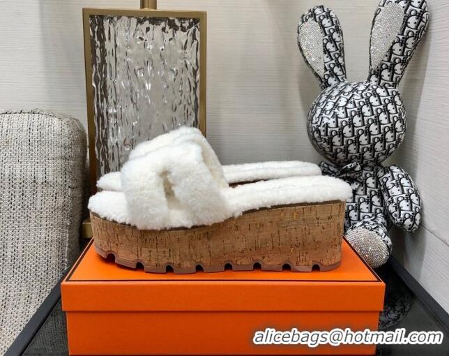 Good Quality Hermes Teddy Fur Platform Slide Sandals White 101043