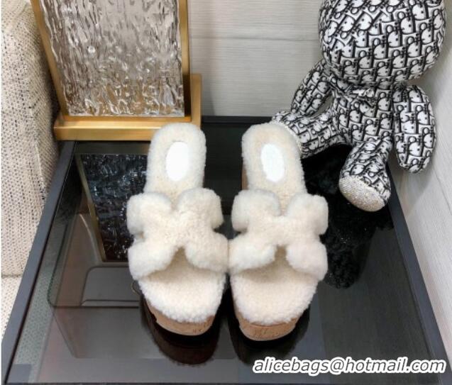 Good Quality Hermes Teddy Fur Platform Slide Sandals White 101043