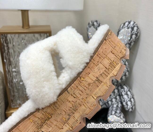 Good Quality Hermes Teddy Fur Platform Slide Sandals White 101043