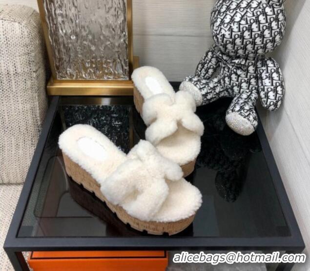 Good Quality Hermes Teddy Fur Platform Slide Sandals White 101043