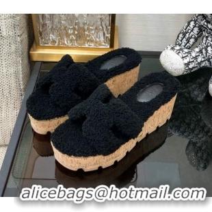 Classic Hot Hermes Teddy Fur Platform Slide Sandals Black 101044