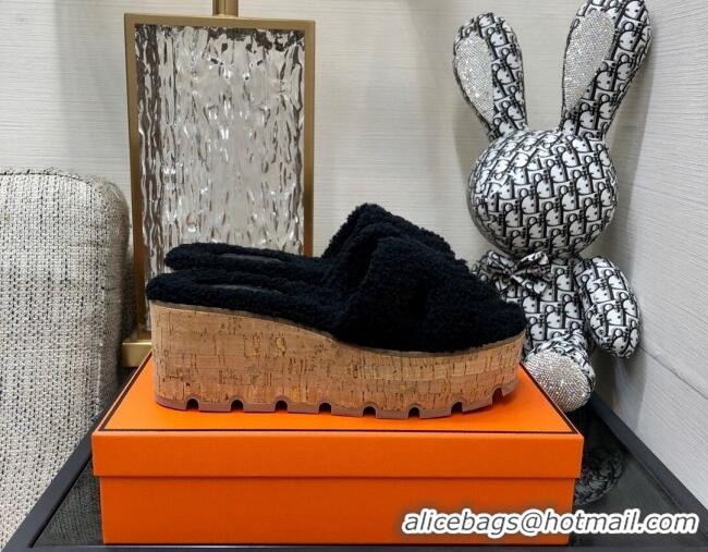 Classic Hot Hermes Teddy Fur Platform Slide Sandals Black 101044