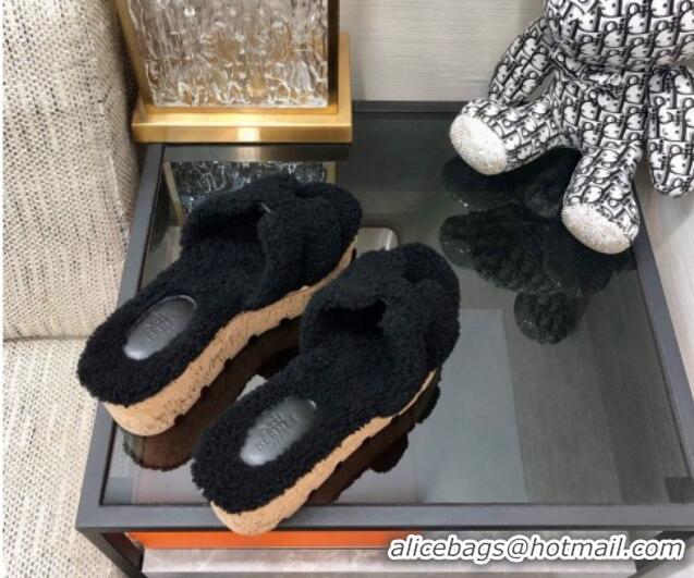 Classic Hot Hermes Teddy Fur Platform Slide Sandals Black 101044