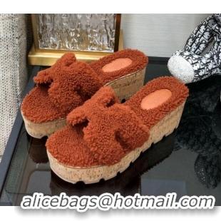 Grade Quality Hermes Teddy Fur Platform Slide Sandals Brown 101045