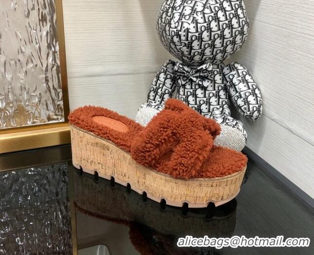 Grade Quality Hermes Teddy Fur Platform Slide Sandals Brown 101045