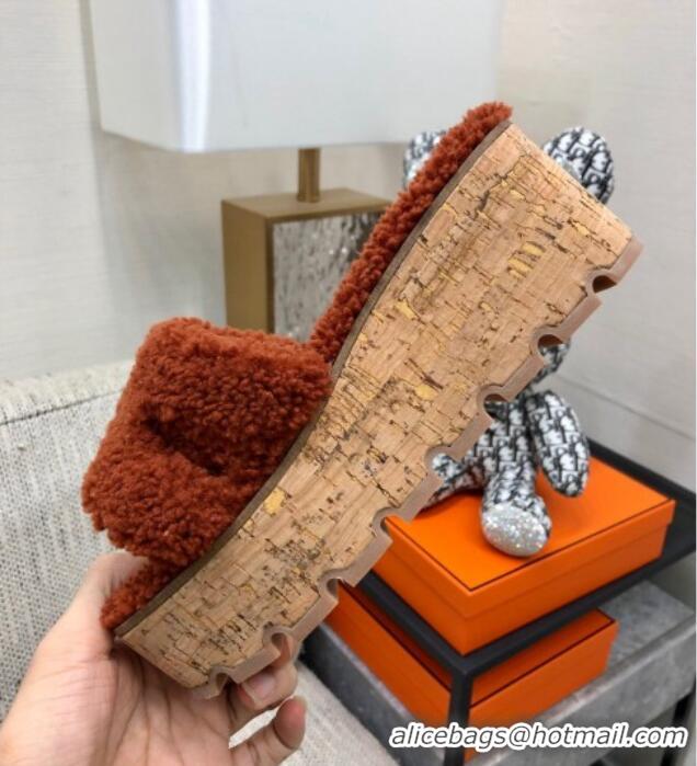 Grade Quality Hermes Teddy Fur Platform Slide Sandals Brown 101045