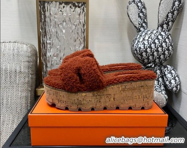 Grade Quality Hermes Teddy Fur Platform Slide Sandals Brown 101045