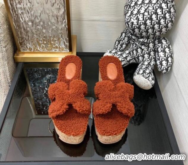 Grade Quality Hermes Teddy Fur Platform Slide Sandals Brown 101045