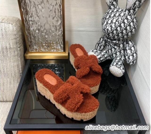 Grade Quality Hermes Teddy Fur Platform Slide Sandals Brown 101045