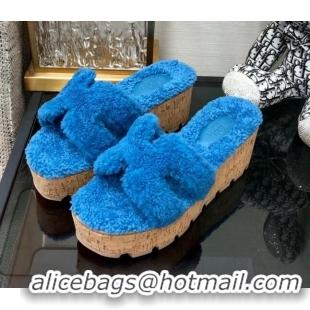 Stylish Hermes Teddy Fur Platform Slide Sandals Blue 101046