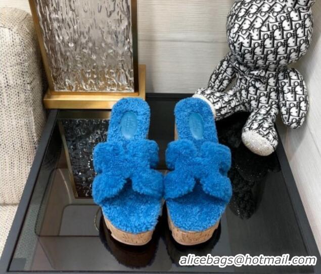 Stylish Hermes Teddy Fur Platform Slide Sandals Blue 101046