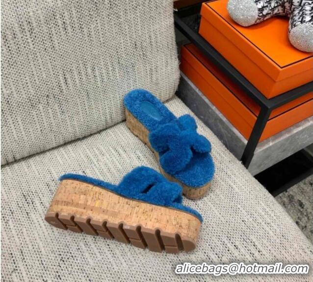 Stylish Hermes Teddy Fur Platform Slide Sandals Blue 101046