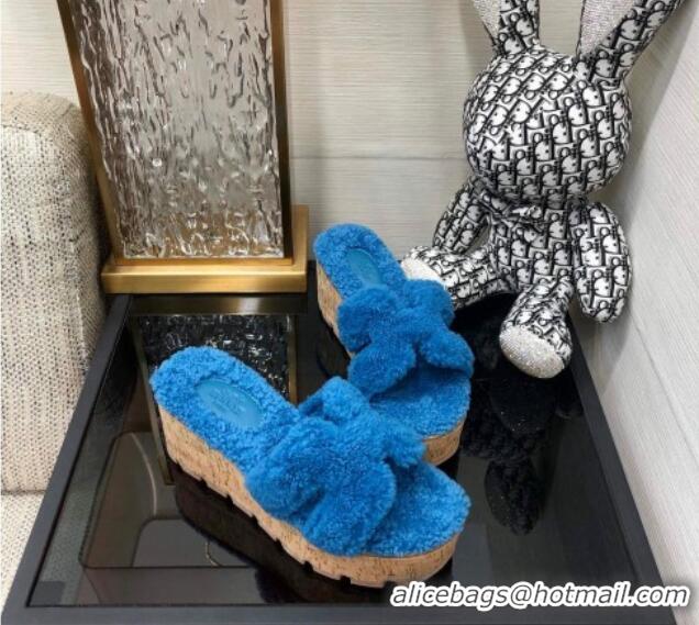 Stylish Hermes Teddy Fur Platform Slide Sandals Blue 101046