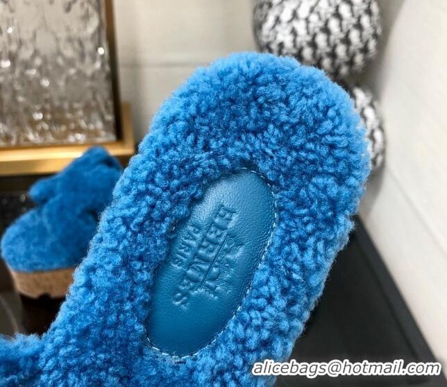 Stylish Hermes Teddy Fur Platform Slide Sandals Blue 101046