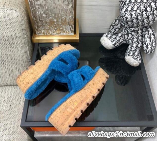 Stylish Hermes Teddy Fur Platform Slide Sandals Blue 101046