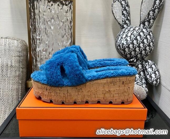 Stylish Hermes Teddy Fur Platform Slide Sandals Blue 101046