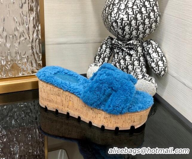 Stylish Hermes Teddy Fur Platform Slide Sandals Blue 101046