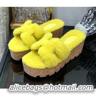 Perfect Hermes Teddy Fur Platform Slide Sandals Yellow 101047