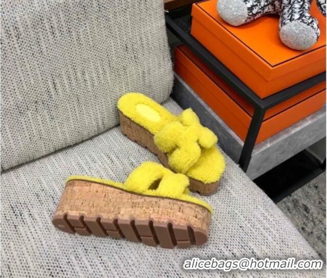 Perfect Hermes Teddy Fur Platform Slide Sandals Yellow 101047