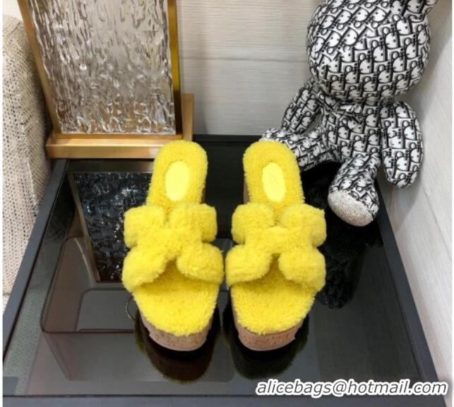 Perfect Hermes Teddy Fur Platform Slide Sandals Yellow 101047