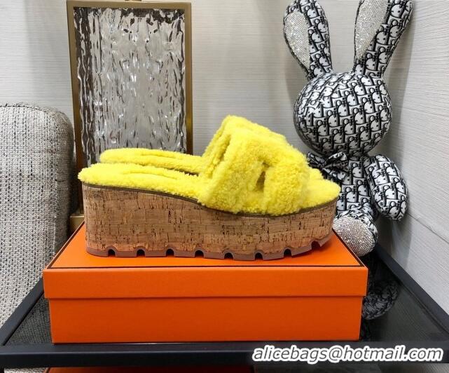 Perfect Hermes Teddy Fur Platform Slide Sandals Yellow 101047