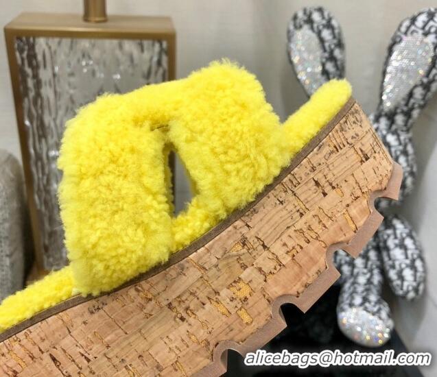 Perfect Hermes Teddy Fur Platform Slide Sandals Yellow 101047