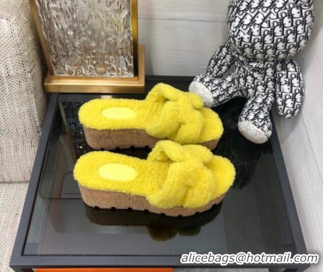 Perfect Hermes Teddy Fur Platform Slide Sandals Yellow 101047