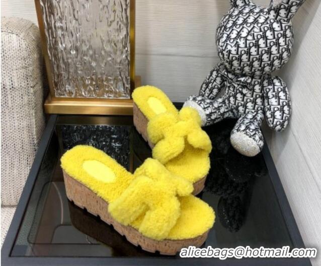 Perfect Hermes Teddy Fur Platform Slide Sandals Yellow 101047