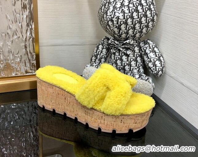 Perfect Hermes Teddy Fur Platform Slide Sandals Yellow 101047