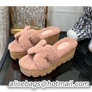 Charming Hermes Teddy Fur Platform Slide Sandals Nude 101048