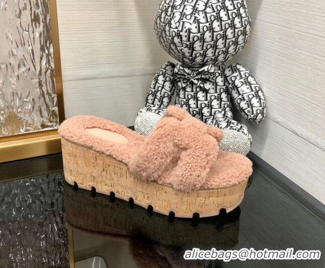 Charming Hermes Teddy Fur Platform Slide Sandals Nude 101048