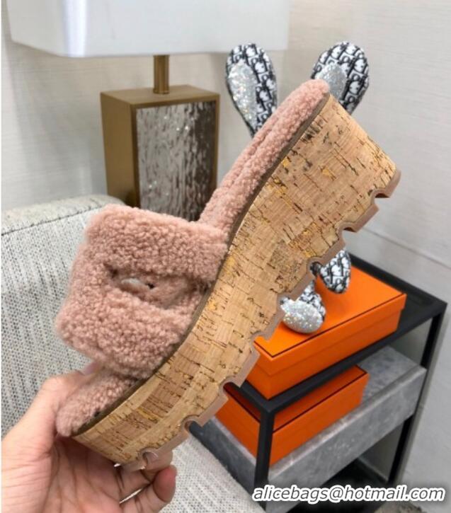 Charming Hermes Teddy Fur Platform Slide Sandals Nude 101048