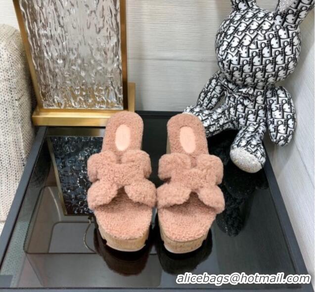 Charming Hermes Teddy Fur Platform Slide Sandals Nude 101048