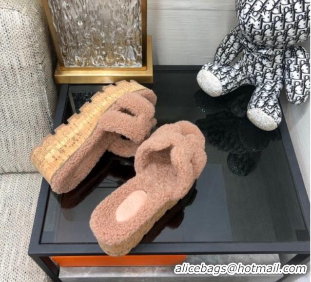 Charming Hermes Teddy Fur Platform Slide Sandals Nude 101048