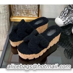 Hot Style Hermes Teddy Fur Platform Slide Sandals Black 101049