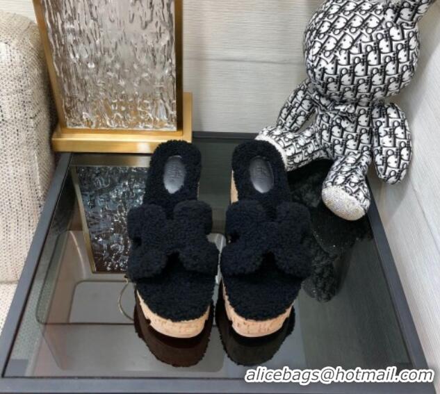 Hot Style Hermes Teddy Fur Platform Slide Sandals Black 101049