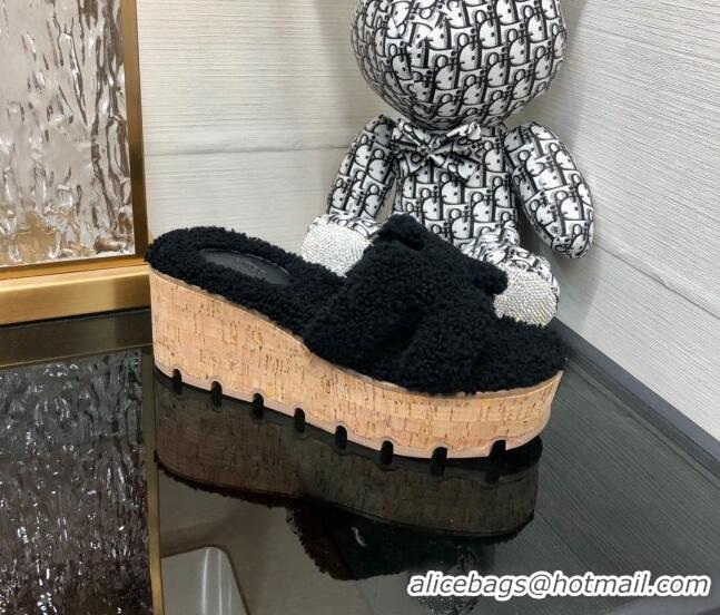 Hot Style Hermes Teddy Fur Platform Slide Sandals Black 101049