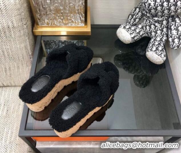 Hot Style Hermes Teddy Fur Platform Slide Sandals Black 101049