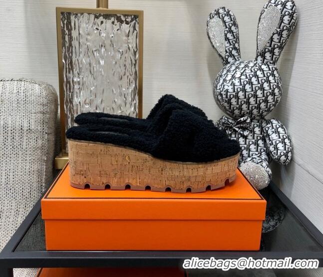 Hot Style Hermes Teddy Fur Platform Slide Sandals Black 101049