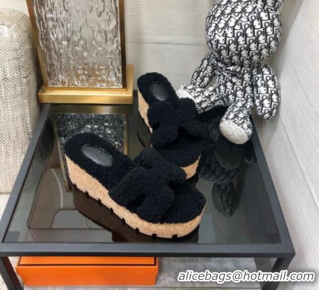 Hot Style Hermes Teddy Fur Platform Slide Sandals Black 101049