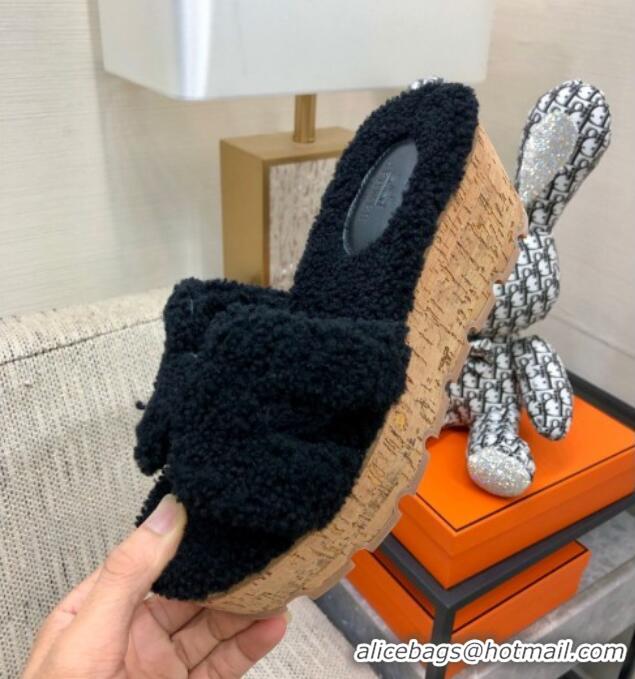 Hot Style Hermes Teddy Fur Platform Slide Sandals Black 101049